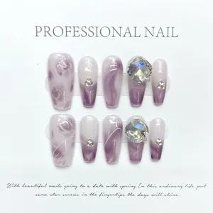 Handmade Purple Marble Press-On Nails Long Coffin Shape Artificial Nails Set Luxury Rhinestone Glossy False Nails For Women
