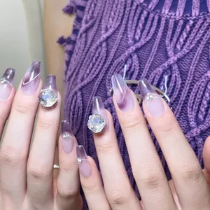 Handmade purple gradient long coffin press-on nails with cat-eye shine and rhinestones