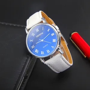 Fashionable quartz watch with blue Roman numeral dial and white textured leather strap