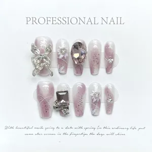 Handmade Long Coffin Press On Nails Purple Gradient Silver Butterfly Rhinestone Elegant Fake Nails For Women Decoration