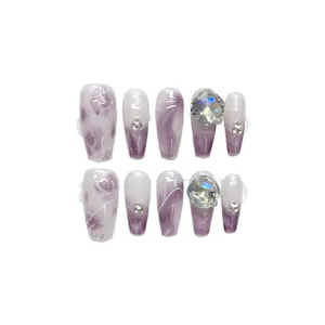 Handmade burgundy marble press-on nails set with luxury crystals and opals