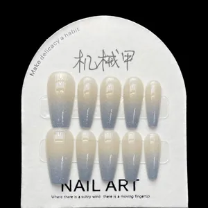 Mechanical Style Milk Blue Gradient Coffin Shape Glitter False Nails Semi-handmade Glossy Finish Nail Art For Women