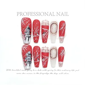 Detailed set of 10 long coffin press-on nails with Chinese snow palace scenery art