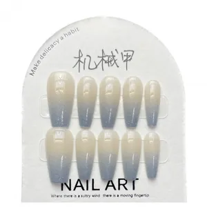Blue-grey gradient press-on nails with silver glitter in coffin shape, 10 piece set