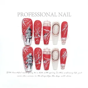 Forbidden City winter snow style press-on nails with 10pcs long coffin shape Chinese art
