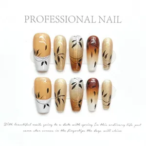 Handmade New Chinese Style Press On Nails Coffin Shape Autumn Maple Leaf Design Gradient Glitter High Gloss Fake Nails