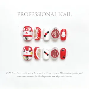 Short red festive press-on nails set with lucky cat and 3D gold characters