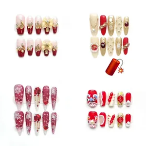 Handmade Press On Nails Red Gold Rhinestone Heart 3D Lion Dance Festive Fake Nails For Women Party Christmas New Year Decor
