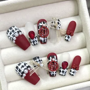 Handmade Matte Red Tweed Bow Press On Nails With Pearl Rhinestone Ribbon Artificial Nails For New Year Wedding Women Jewelry