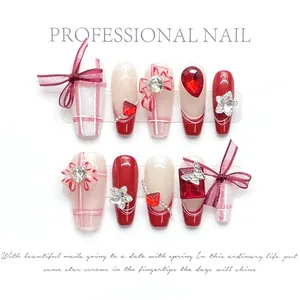 Handgemaakte Rode Franse Press On Nails Zoete Lange Doodskist Valse Nagels Met Strass Strik Ster Decor Voor Vrouwen Feest