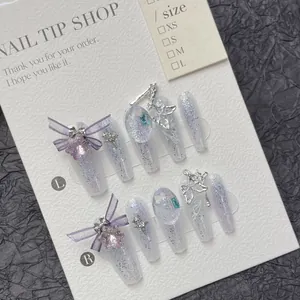 Uñas Postizas Hechas a Mano Lujo Cristal Mariposa Lazo Limón Orquídea Perla Sakura Ojo de Gato Diseño 3D Forma Ataúd Larga Mujer Joyería