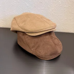 Solid color suede beret hats in camel and dark brown colors for casual autumn fashion