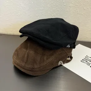 Casquette Plate Rétro en Velours Côtelé Femme Streetwear Newsboy Hat Couleur Unie Décontracté Automne Hiver Chaud