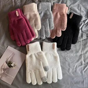 Gants en Tricot à Écran Tactile d'Hiver Unisexe Doublés en Polaire Chaud Couleur Unie Poignets Nervurés Pour Cyclisme Femmes Hommes