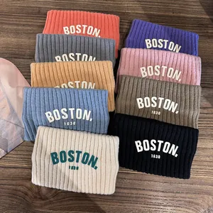 Bandeau en Tricot pour Femmes Hiver Chaud Côtelé Imprimé Lettres Chauffe-oreilles Large Bande de Cheveux Sport Boston 1630