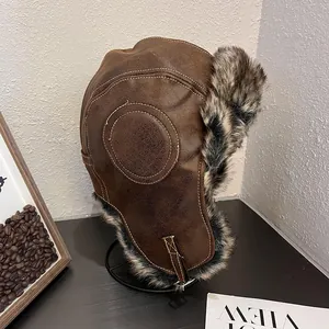 Faux Leather Winter Trapper Hat For Men Women Faux Rabbit Fur Lined Aviator Hat With Ear Flaps Windproof Warm Bomber Hat