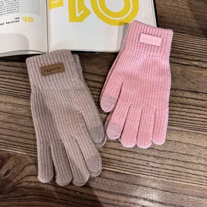 Cozy knit touch screen gloves in pink and brown with warm fleece lining and fashion label