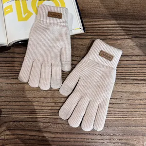Detail of beige knit gloves with touch screen fingertips and leather fashion label