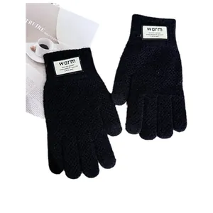 Mens thick black knitted winter gloves with warm lining and touch screen finger tips