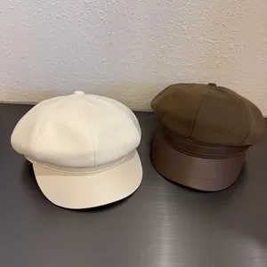 Classic wool blend newsboy cap with PU leather brim in beige and brown colors