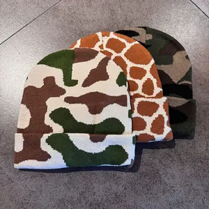 Knitted camo and giraffe print beanies for men and women showing warm trendy street style