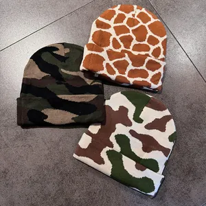 Winter Knitted Beanie Hat For Men Women Warm Camouflage Giraffe Pattern Jacquard Cuffed Beanie Skull Cap Fashion Outdoor Headwear