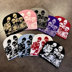 Halloween Skeleton Jacquard Knit Beanie Gothic Skull Pattern Warm Winter Skull Cap Hat For Men Women Costume Party
