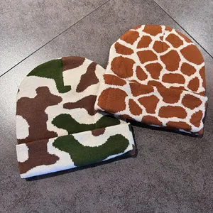 Winter knitted beanie set featuring classic camouflage and giraffe animal patterns