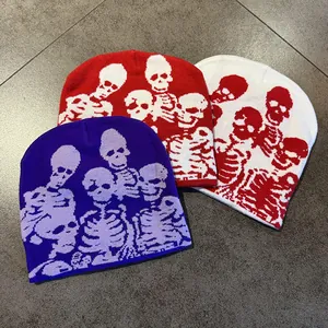 Halloween skeleton skull knit beanies in red, purple, and white street punk style