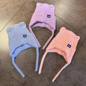 Gorros de punto con orejas de gato en azul claro, violeta y rosa en felpa térmica suave
