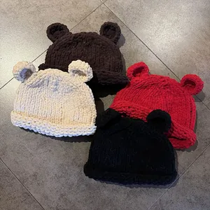 Women Cute Bear Ears Thick Warm Knit Beanie Hat Handmade Style Crochet Winter Pullover Cap For Autumn Outdoor Fashion