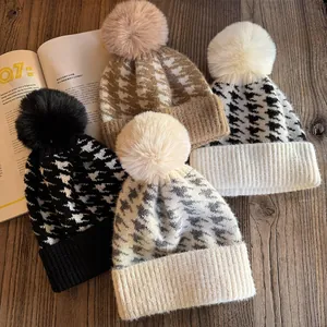 Vintage Houndstooth Knit Beanie Hat With Faux Fur Pom Pom Winter Warm Ribbed Cuff Crochet Skull Cap For Women