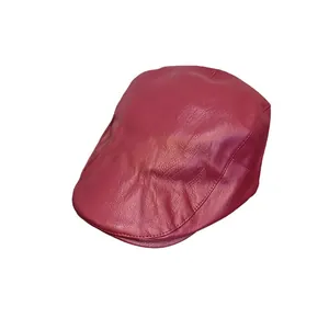 Vintage wine red faux leather beret hat with textured finish and stitched brim detailing