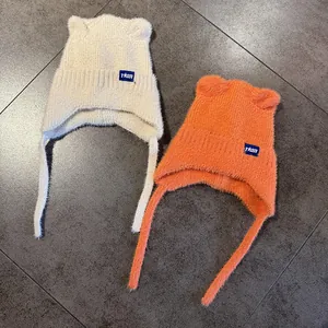 Gorro de invierno de punto para mujer con orejas de gato y orejeras en dos colores