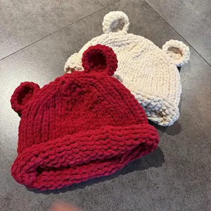 Thick knit bear ear beanies in red and beige colors for winter warmth and comfort