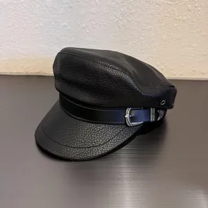 Women Retro Black PU Leather Newsboy Hat Vintage Baker Boy Cap With Carved Metal Buckle Autumn Winter Flat Top Navy Hat