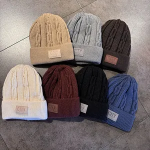 Winter Cable Knit Beanie Hat Thickened Fleece Lined Warm Skull Cap With Letter Patch For Men Women Outdoor Daily Wear