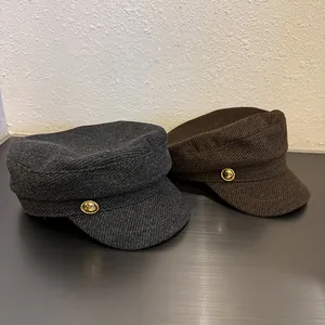 British vintage wool newsboy hats in dark grey and coffee with gold lion buttons