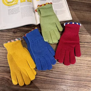 Cozy knit finger gloves in multi-color set with stylish wavy lettuce edge cuffs