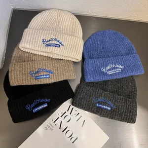 Winter Knitted Beanie Hat For Women Men Wool Blend Warm Ribbed Skull Cap With Letter Embroidery Fashion Casual Headwear