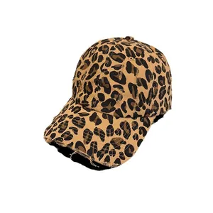 Retro Y2K leopard print baseball cap with distressed frayed details and curved brim