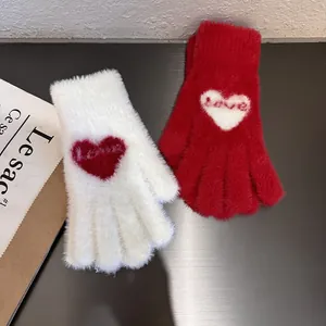 Winter plush touch screen gloves with heart pattern and Love embroidery for women