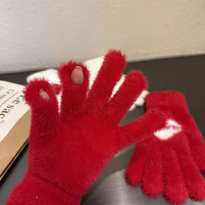 Winter plush red touch screen gloves for women with cozy thick fleece lining