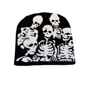 Knitted beanie with white skeleton skull patterns on black fabric for Halloween party