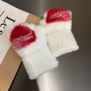 Winter plush touch screen gloves for women in red and white with cute ear design