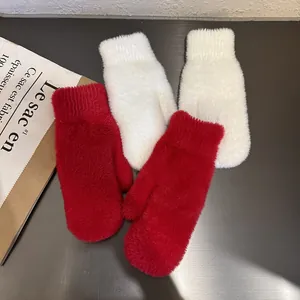 Thick faux mink fur mittens in red and cream white with ribbed cuffs for winter warmth