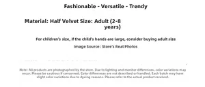 Size guide and material details for coral fleece gloves in adult and children sizes