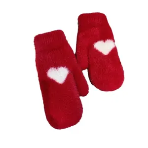 Winter red plush mittens for women with white heart pattern and thick warm lining