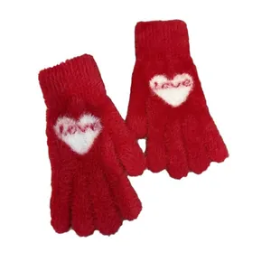 Winter red knitted heart gloves for women featuring love embroidery and warm lining