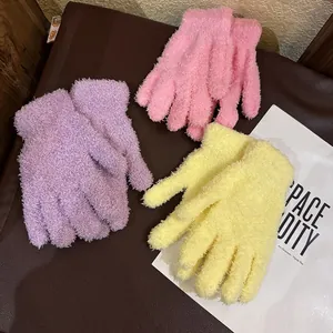 Detailed texture of thick plush thermal gloves in pink, purple and yellow candy colors